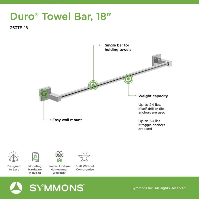 Symmons 363TB-18 Duro 18 in. Wall-Mounted Towel Bar in Polished Chrome - Image 3